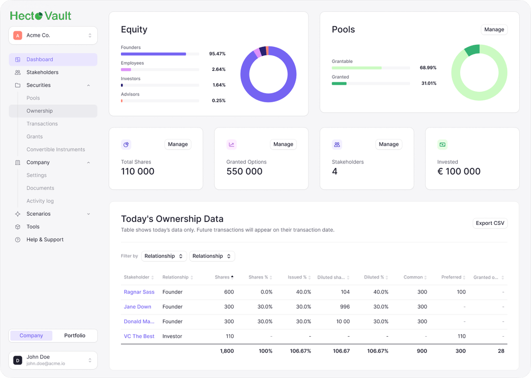 Hectovault app dashboard